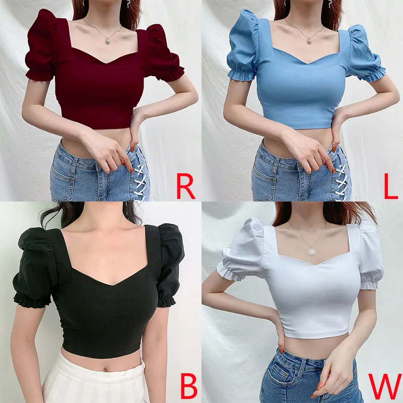 Woman T-Shirts Summer Womens Solid Color Square Collar Puff