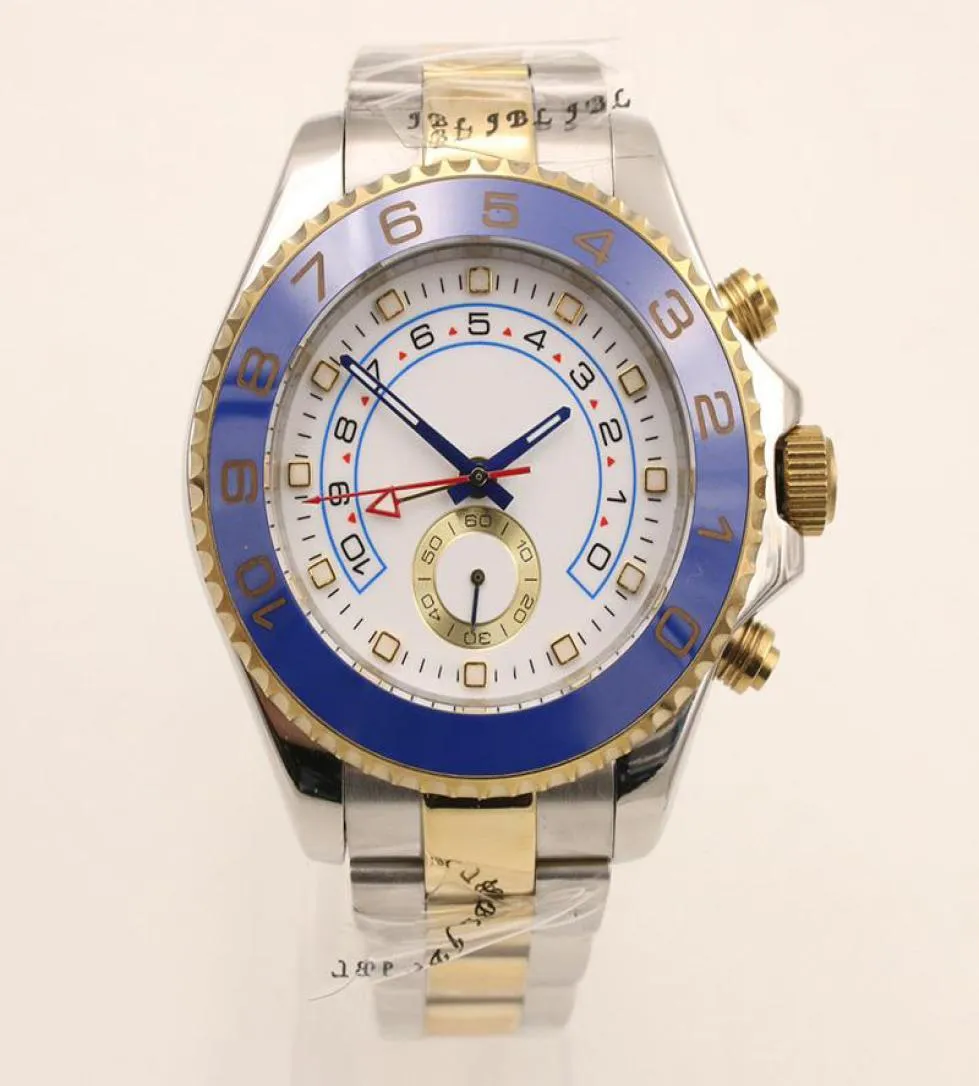 Luxury 44 mm Automatic Yellow Gold Mens Watchs Watchs Witch White White With Rotalt Blue Top Ring Codzel et en acier inoxydable à deux tons BR5878698