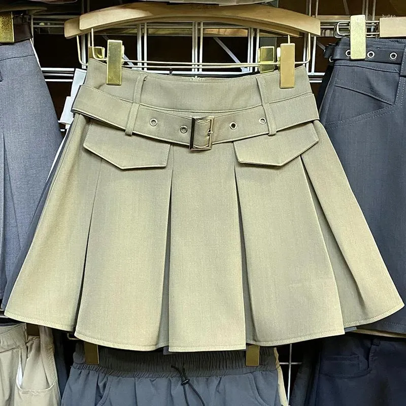 Kjolar veckade kjol för kvinnor a-line fast utformad bälte streetwear koreansk stil antiememlig office lady mini sommar dropship