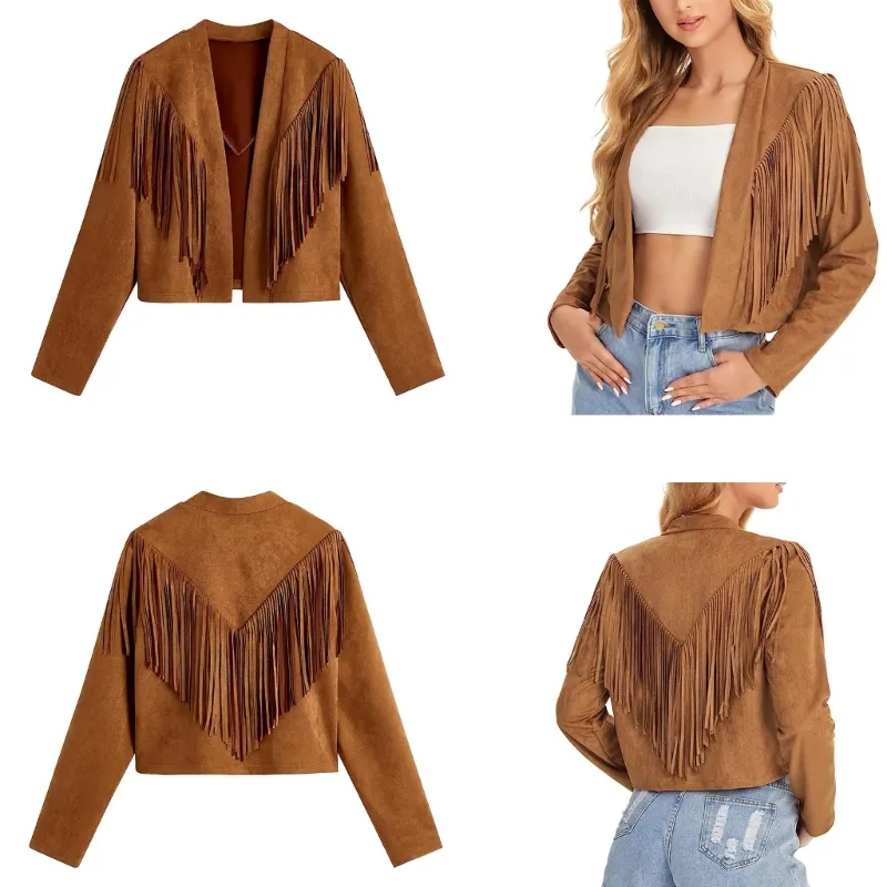 Womens Faux Suede Tassel Cropped Coat: Stylish Leather
