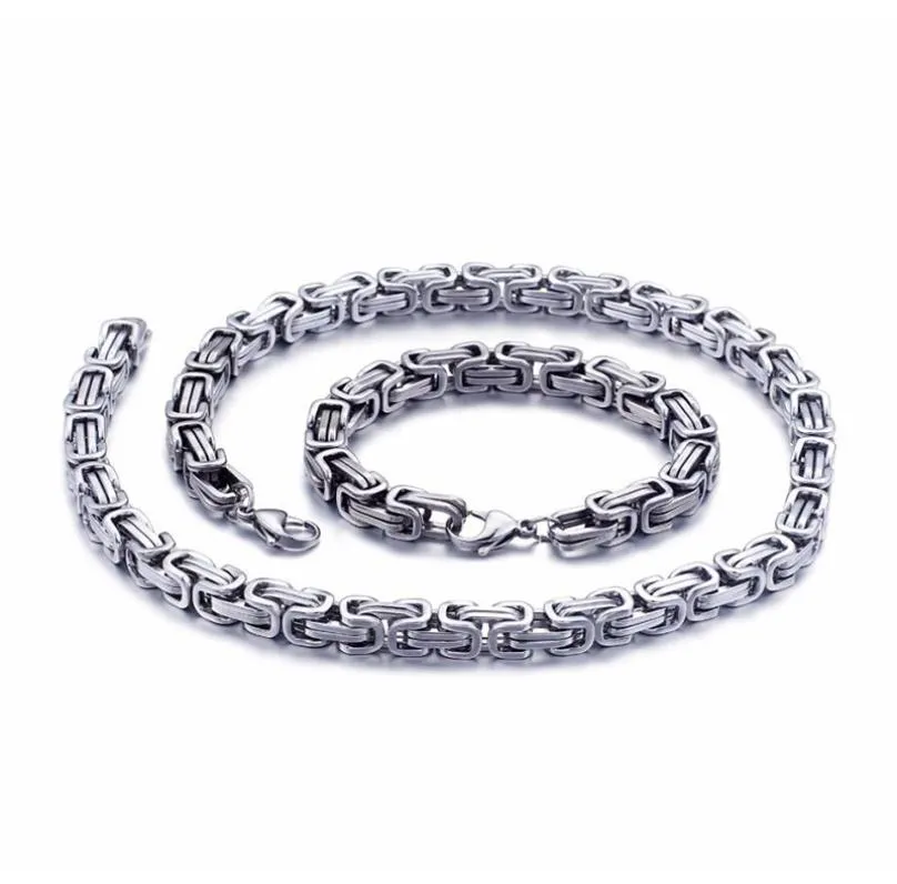 5mm6mm8mm wide Silver Stainless Steel King Byzantine Chain Necklace Bracelet Mens Jewelry Handmade4361904