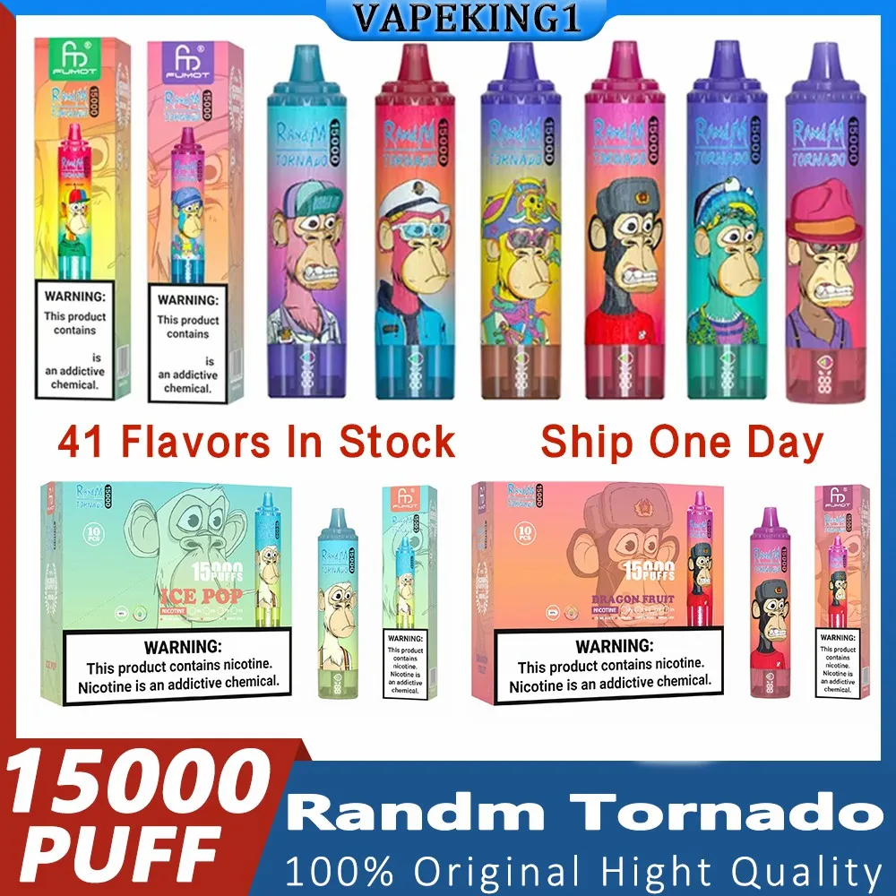 Fumot Randm Tornado 15000 Puff 850mAh Tipo-C Carregamento 25 ml Bateria eJuice recarregável por atacado 15k barra de vape euro 0% 2% 3% 5% Vape Pen 41 Sabores Instock