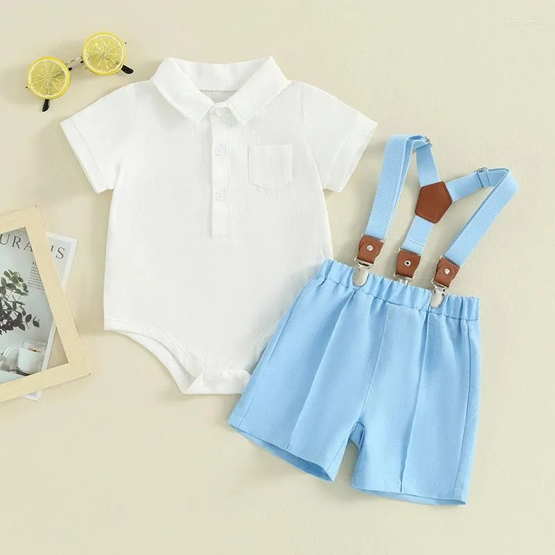 Kläderuppsättningar Baby Boy Gentleman Outfits Lapel Neck Kort ärmknapp ner ROMPER Justerbar Suspender Shorts Spädbarn Toddler Kläderuppsättning