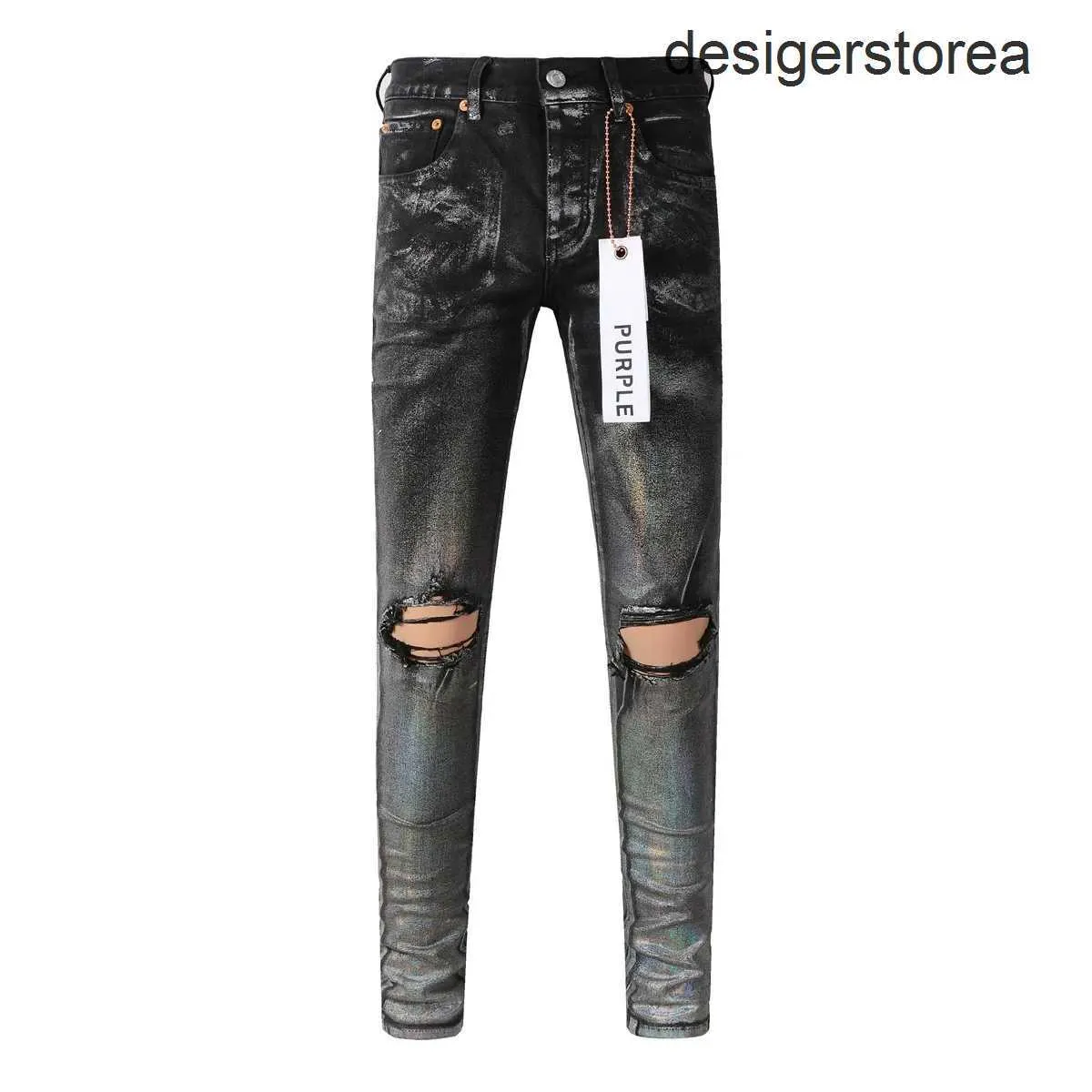 Fashion 2024 New Purple Brand Jeans con pintura blanca de la calle High Street Reparación angustiada de baja altura Denim Skinny US 28-40 SIGE Pantalones