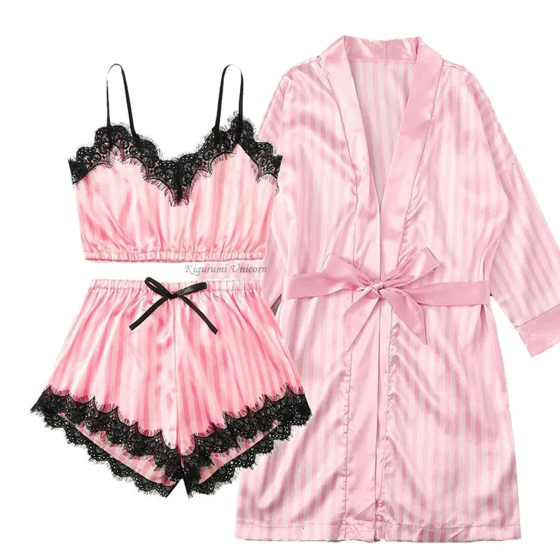 Seidensatin -Spitzengewand und Pyjamas Set Frauen Sommer Faux Seiden Nachtwäsche rosa Streifen Pijamas Bademant