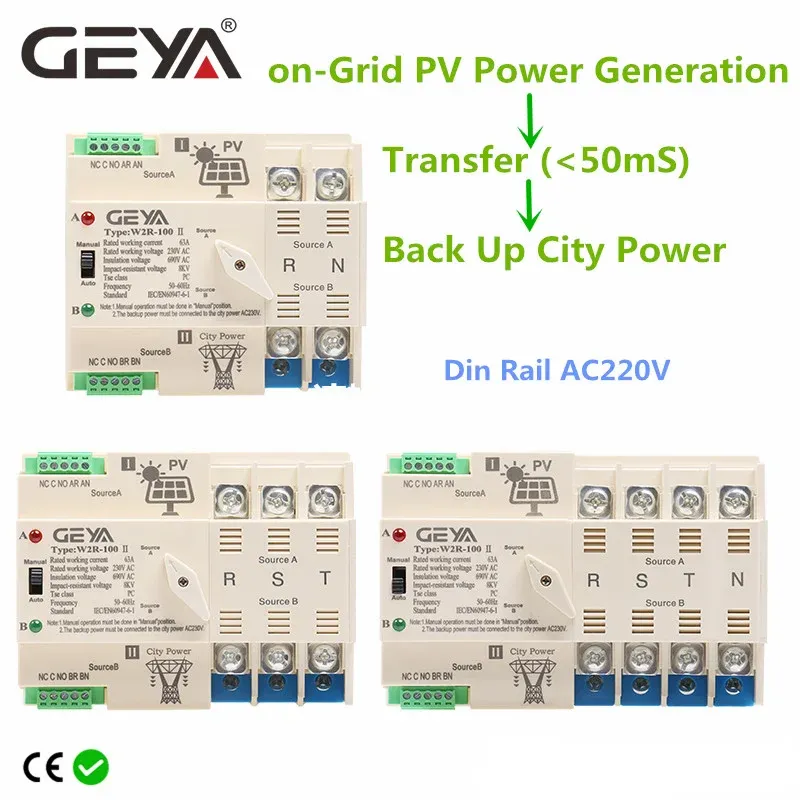 銀行geya ongrid太陽光発電自動転送スイッチDINレール2p 3p 4p 63a 100A AC220V ATS PVシステム電力都市電力W2R