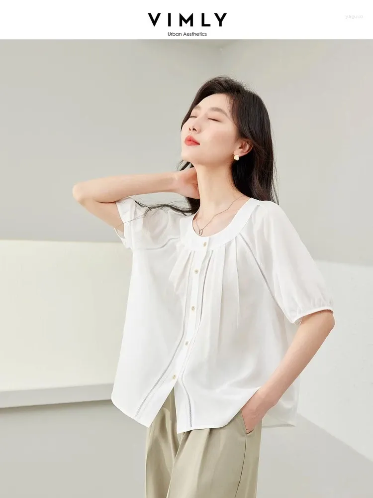 Blouses pour femmes Vimly French Sleeve Short Shirt White Murffon 2024 Bouton de col o de l'été Up Up Simple Lyocell Femmes Blouse Tops 30103