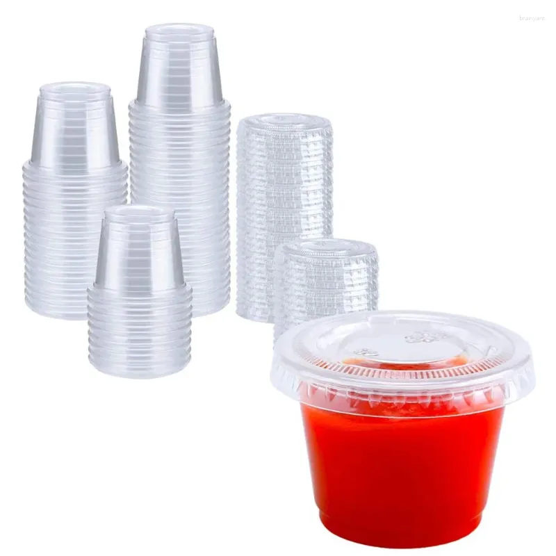 Wegwerpbekers rietjes 1 oz 100 sets plastic jello s met deksels souffle portie/saus saladedressing fitress 30 ml