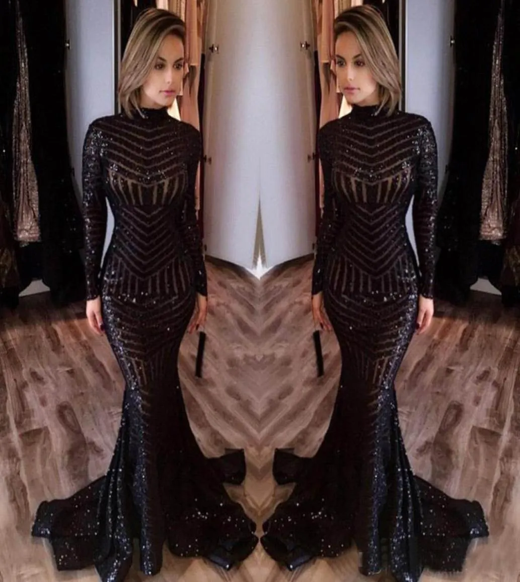 2017 Michael Costello Long Sleeve Prom Dresses Bling Bling Black Sequins High Neck Mermaid Sexy Celebrity Gowns Pageant Evening Dr8326255