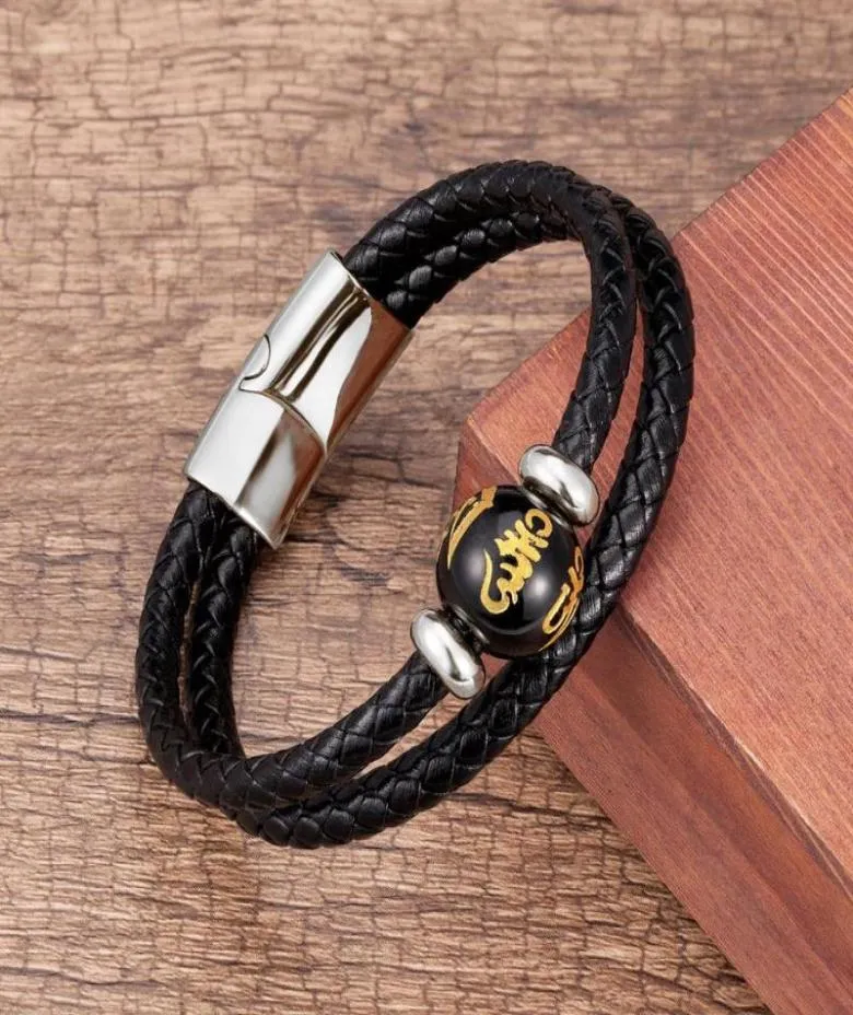 Feng shui svart obsidian armband charm sex karaktär motto pärla äkta läder men039s armband lycka till smycken vänner gif7667322