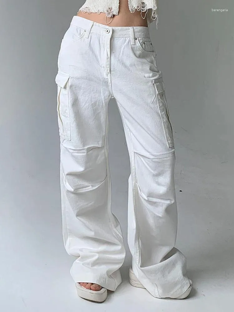 Jeans féminins Sunny vintage blanc lâche de jean pantalon de cargaison de cargaison de grandes poches
