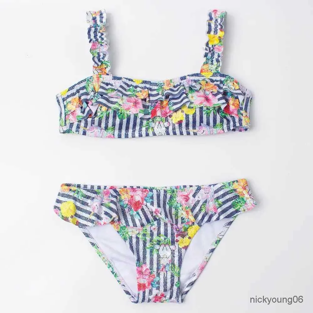 Two-Pieces Shinning Multi Falbala Children Kids Bikini Set Print Girls Swimwear Swimsuit Students Bandage Biquini Bathing Swimming Suit