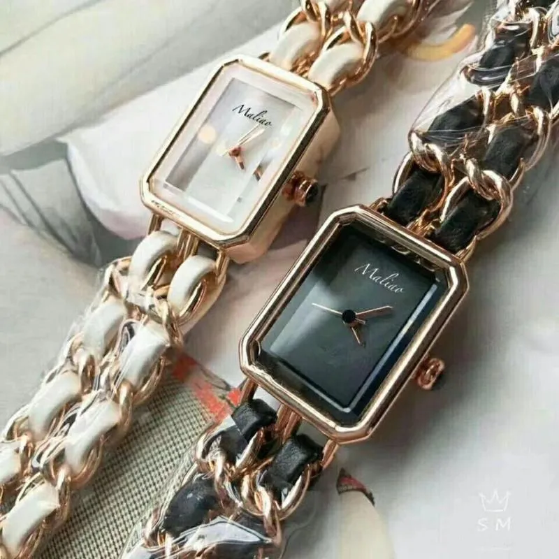 Montre-bracelets classiques Premiere Quartz Watch Gold Metal and Leather Band Simple Rectangle Wristwatch Ladies Bracelet Watches