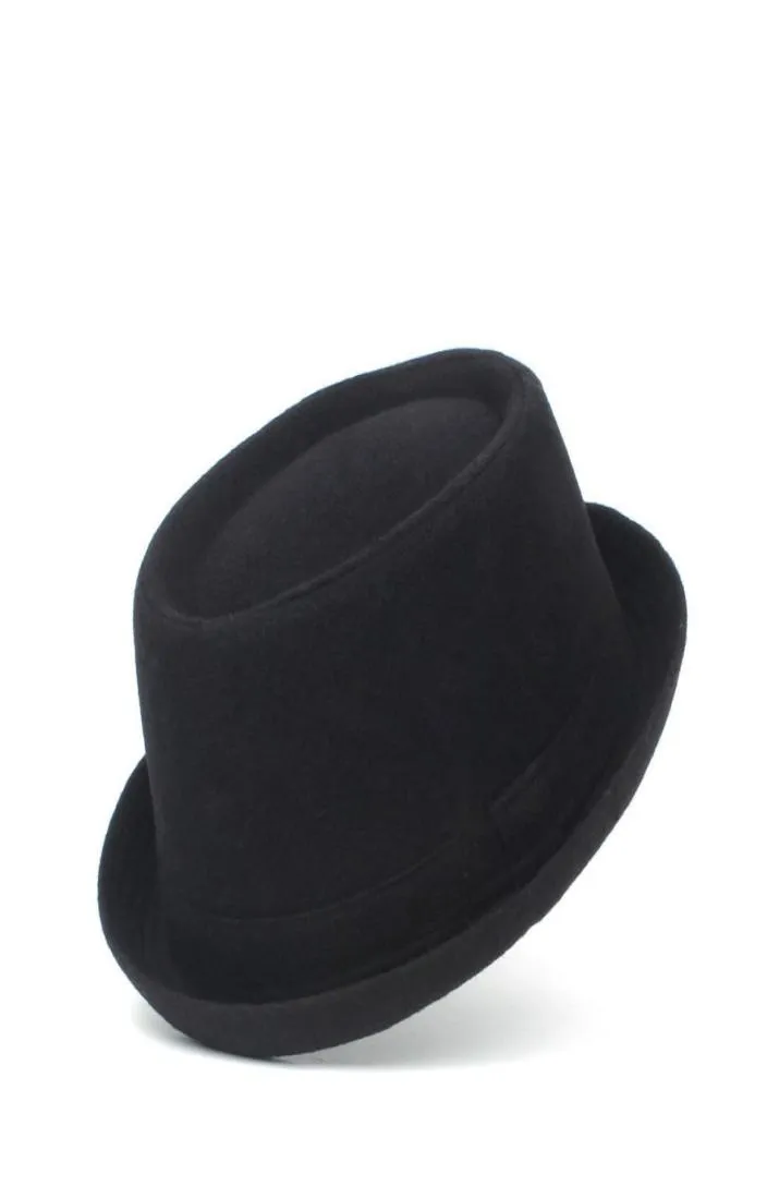 100 Wool Men Pork Pie Hat For Dad Winter Black Fedora Hat for Gentleman Flat Bowler Porkpie Top Hat Size S M L XL Y190705035089736