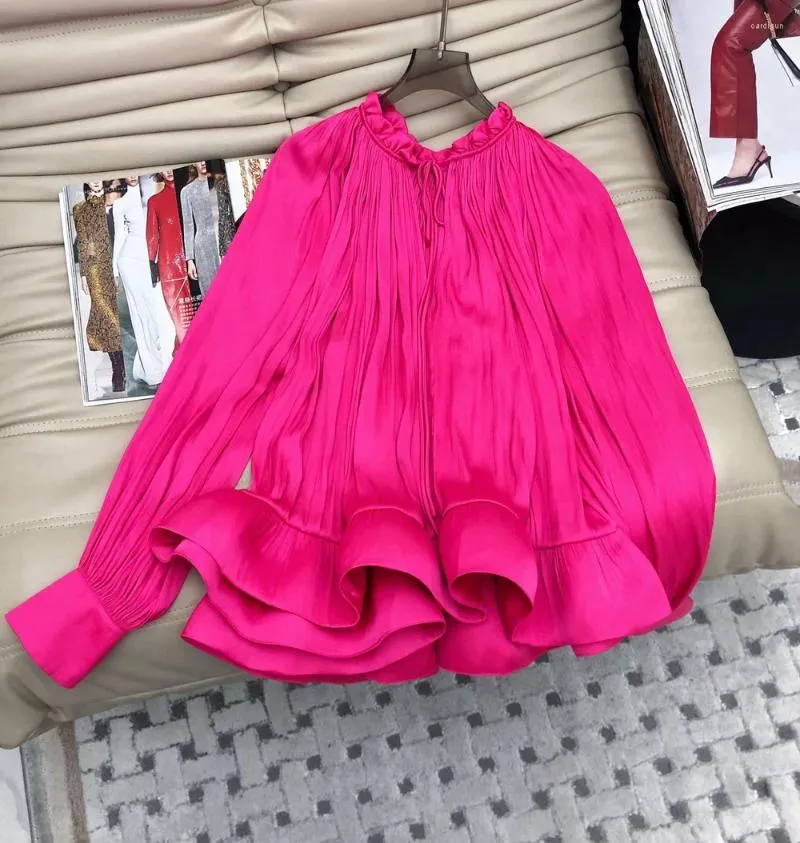 Blouses femininas 2024 Mulheres da primavera Lanterna longa Manga de lanterna Bruchles colar de babados elegantes bud hem tops soltos