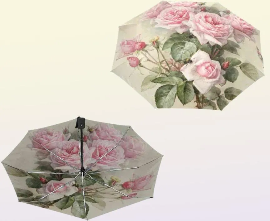 Vintage Shabby Floral Print Women Rain Paraply Chic Pink Rose Three Folding Girl Dålig bärbar automatisk Parapluie 2112279838519