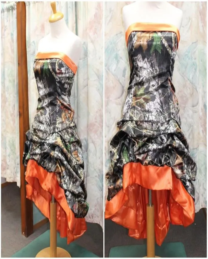 2016 Orange Camo Court Robes de bal Robes sans bretelles Pick Up CORSET SATIN ELASTIQUE Lacet Up Backless Evening Party Robes High Low Country1144148