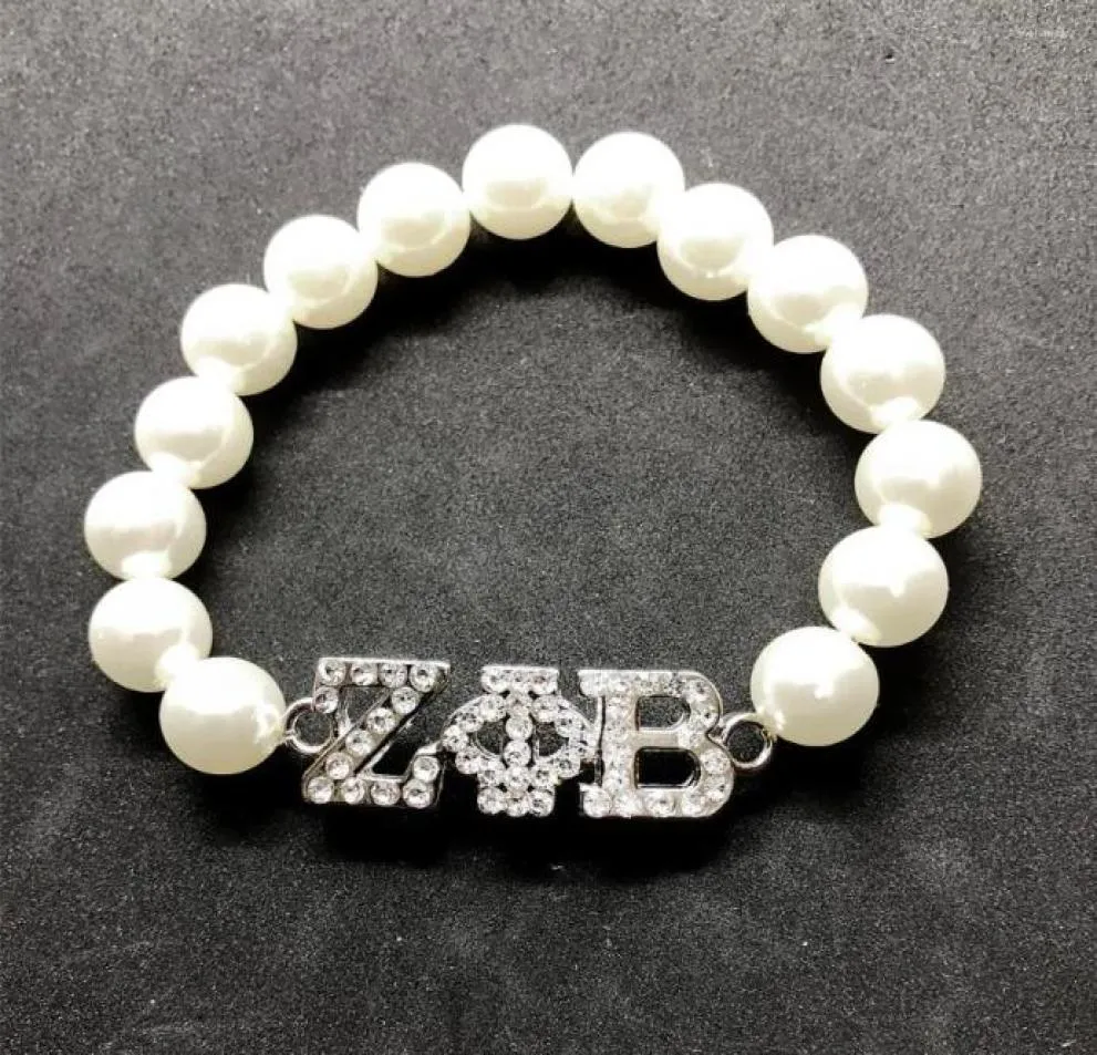 Strand Rhinestone ingelegde Griekse letter ZPB metaallabel BUID Zeta Phi Beta Sorority Society Sieraden Simulatie Pearl kralen Bracelet7638276