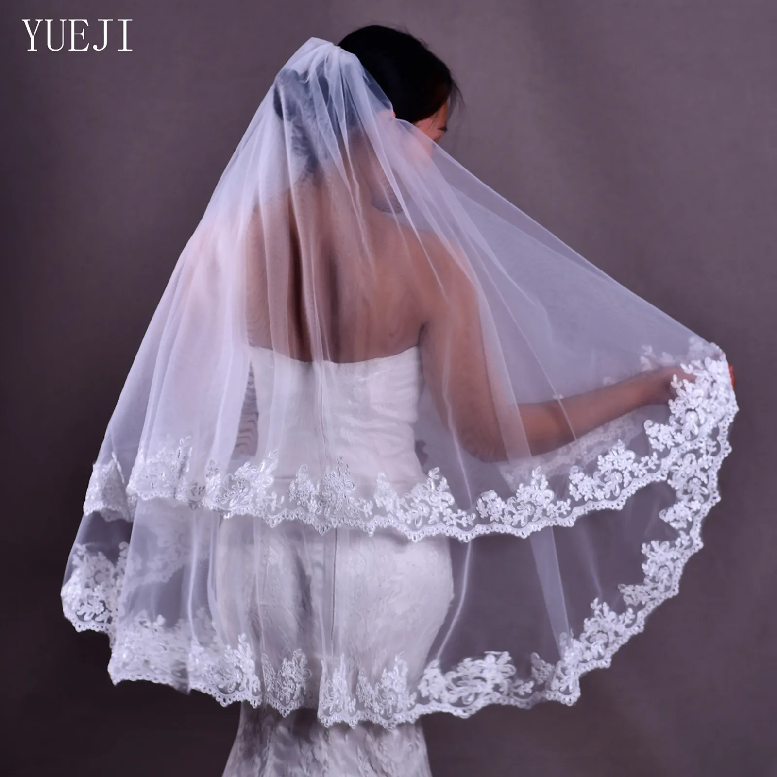 YUEJI Double Lace Edge veil in wedding with Blusher - 2