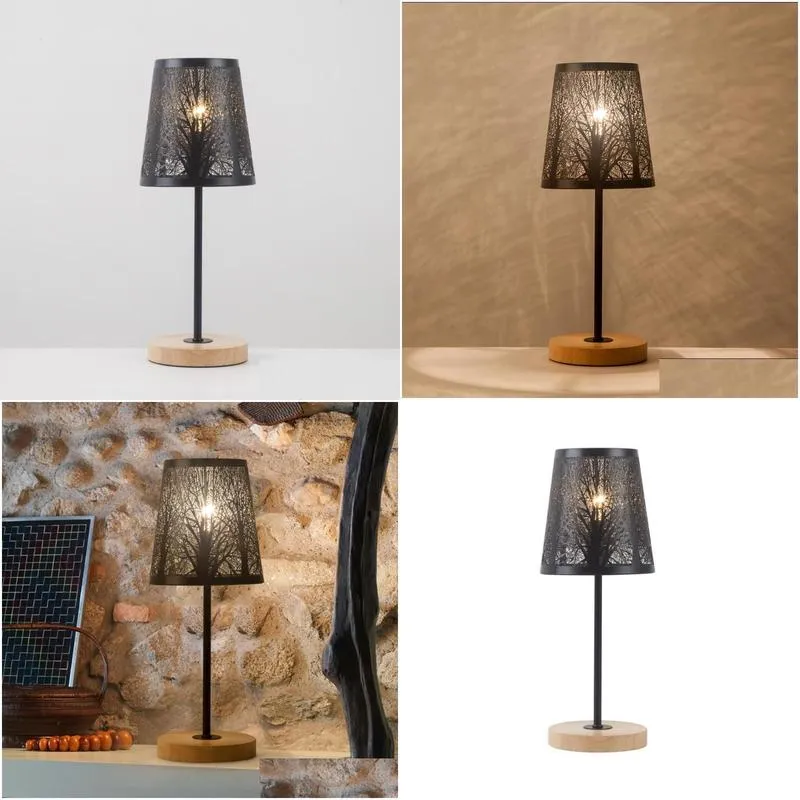 Bordslampor Oygroup Bedside Lamp med trä black metallpinne och ihålig lampskärm E14 för sovrum kontor flickor rum sovsal drop d dh9uy