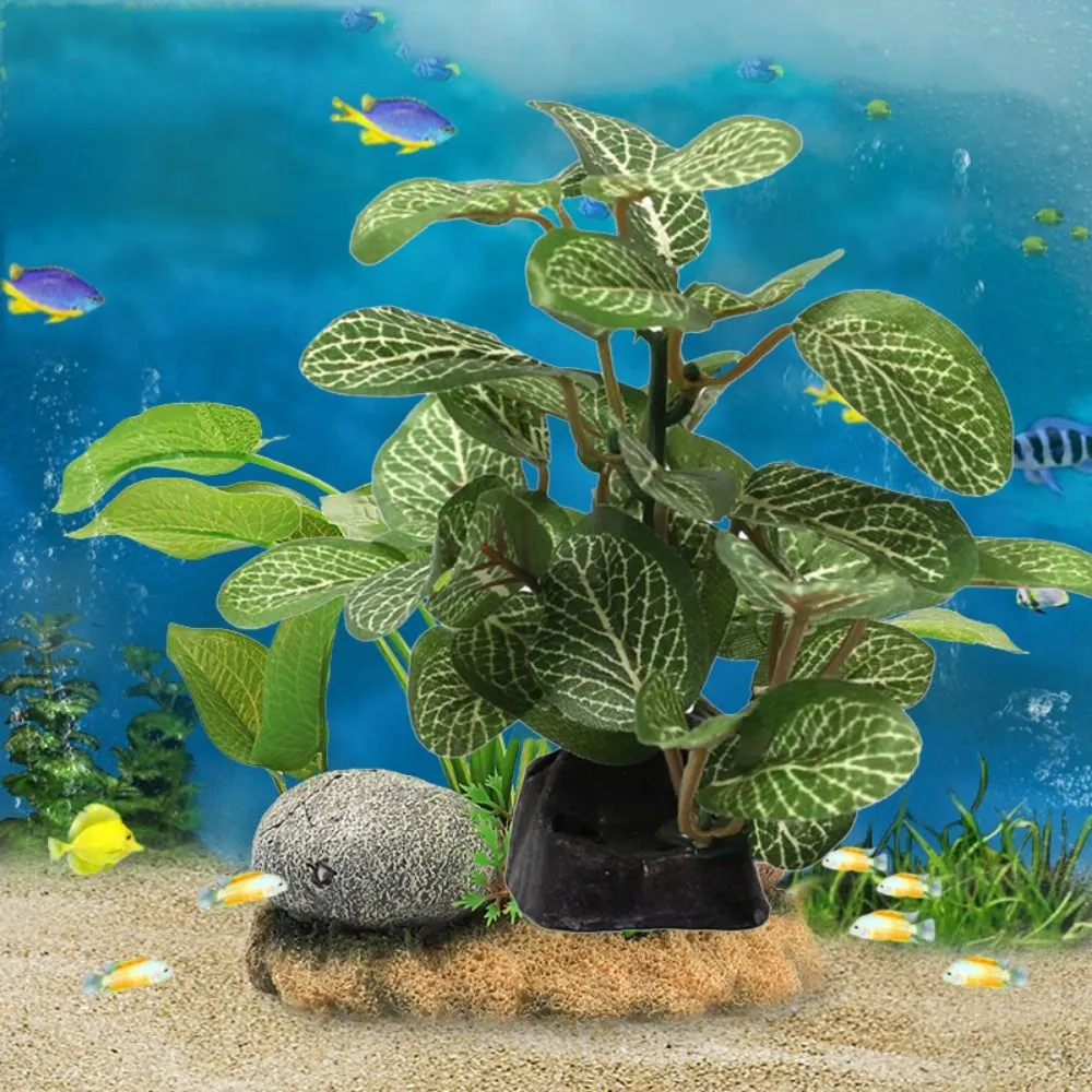 Realistic Green Silk Ficus Tree Aquarium Ornament Fish Tank Turtle Jar Decor