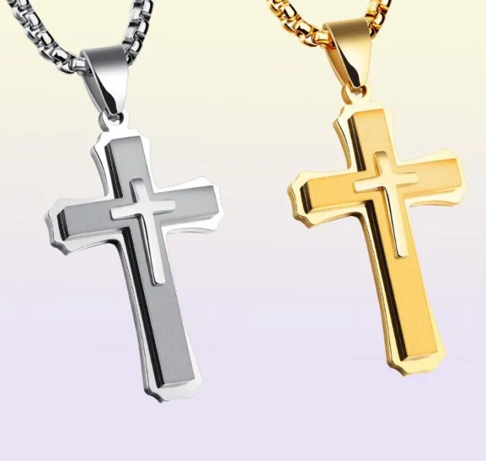 Hip -Hop -Kreuz -Anhänger Halskette für Männer Neue Whiteblack Gold Farbe Edelstahl 55 cm Box Link Kette Männliche Geschenk3894730