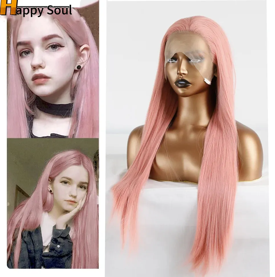 Synthetic Lace Wig 24 Inch Deep Part Long Straight Wig Pink Cosplay Party Wig 13X4 Synthetic Lace Front Wig Girl Women hairpiece Korean high temperature fiber WIG
