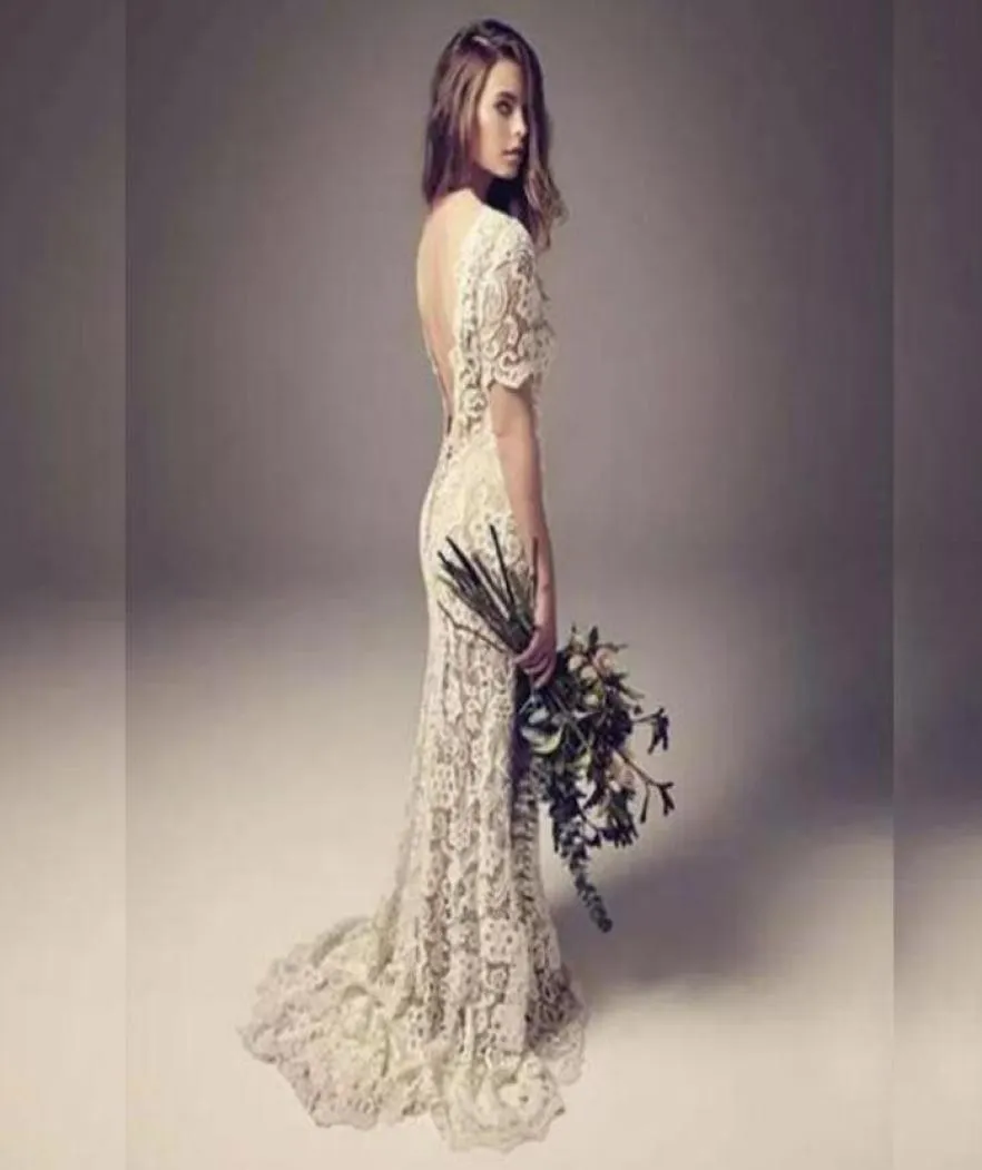 Bohemian Wedding Dresses Sheath Column Backless Full Lace Boho Bridal Gowns with Illusion Short Sleeves Sweep Train Cheap High Qua4334822