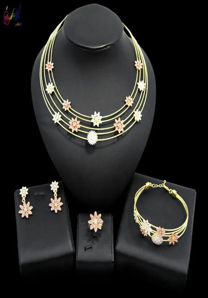 Yulaili Dubai Gold Jewelry for Women Party Flower Shape Crystal Necklace Earrings Bracelet Ring Wedding Bridal Jewellery5143935