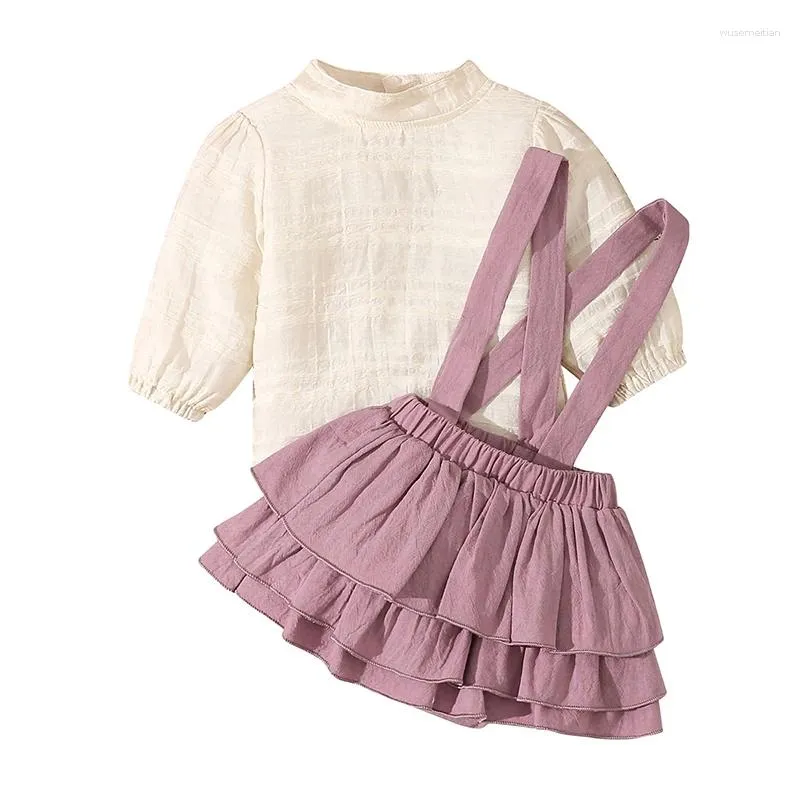 Conjuntos de roupas shorts de suspensórios de menina definido tampas de manga longa de cor de cor de cor de cor sólida camisa de babá de roupas de verão de bloomers