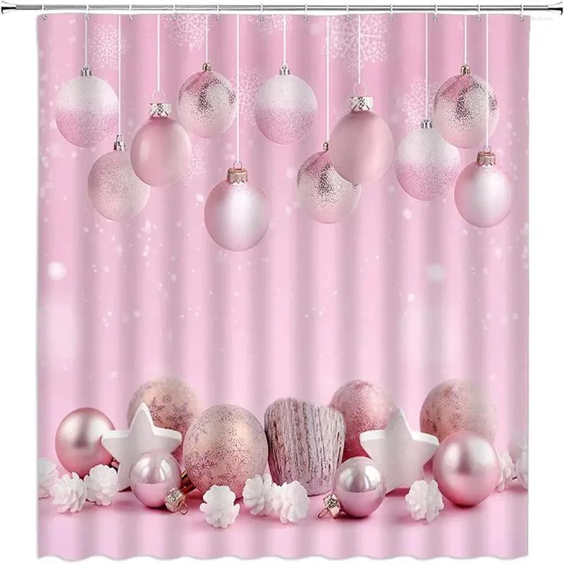 Shower Curtains Christmas Curtain Pink Ball Gift Pattern Waterproof With Hooks Fabric Bathroom Decoration