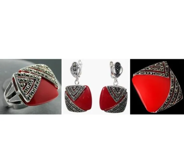 Noble Red Carved Lacquer Marcasite 925 Sterling Silver Square Ring710 örhängen Pandent smyckesuppsättningar2925501