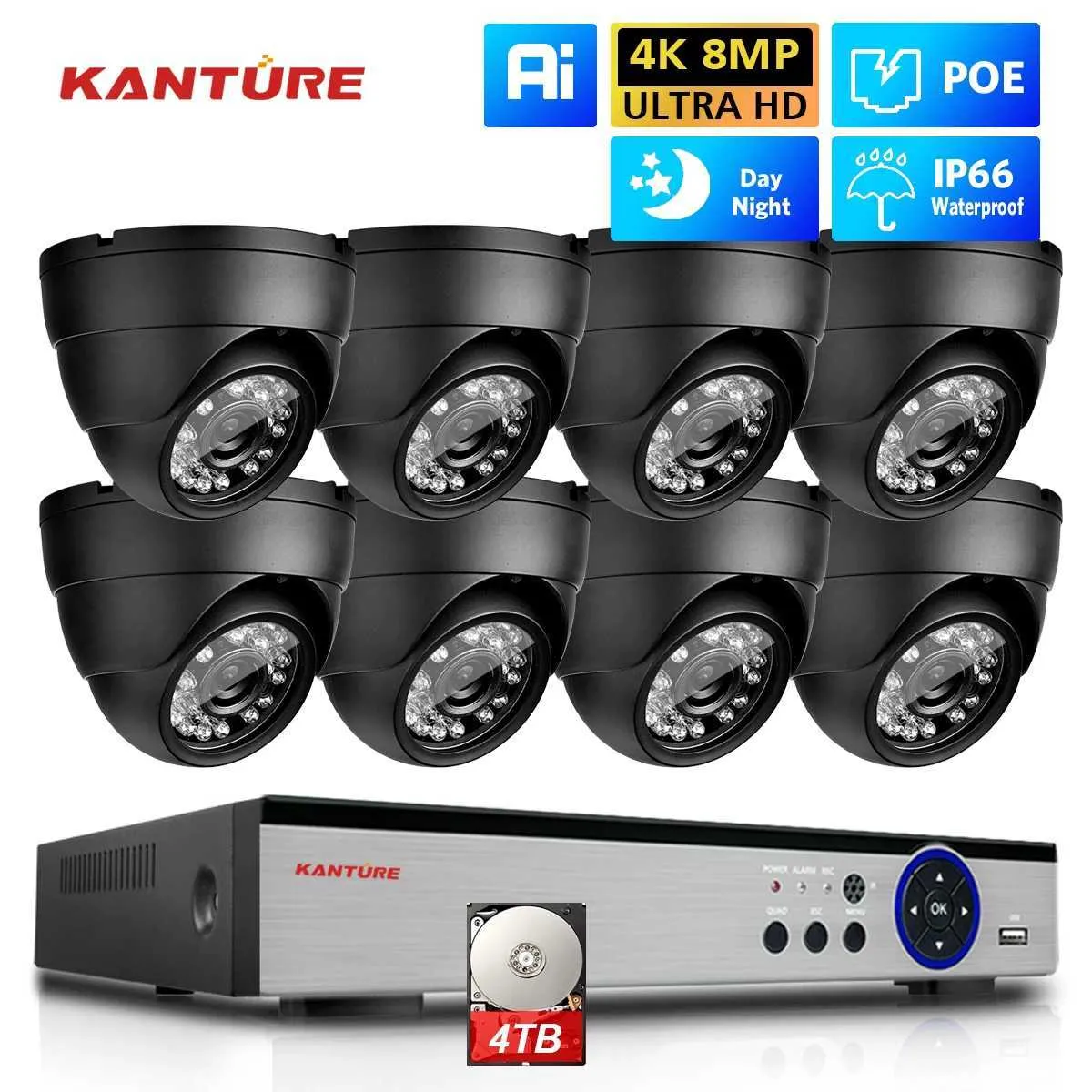 IP -camera's Kanture 8ch 4K CCTV Camerasysteem 8MP AI Human Detectie Indoor Outdoor Dome Poe ip camera Night Vision Video Surveillance Kit 240413