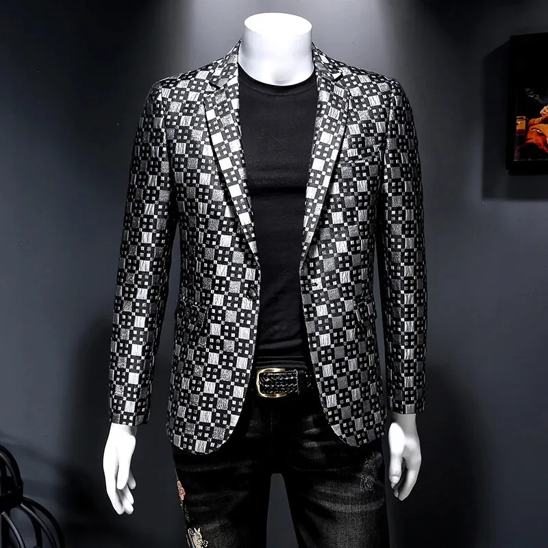 Brand Men Blazer Personality Wild Mens Suit Jacket High Quality Fashion Plaid Print Slim Fit Warm Blazer Coat Male 5XL 6XL 240329