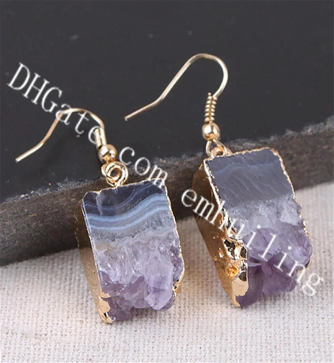 10Prairs rektangulära droppe Amethyst Stalactite Slice örhängen Rå kristall geode stenörhängen guldpläterad lila druzy drusy earrin3681378