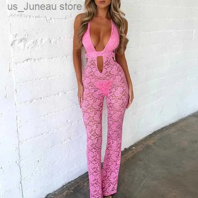 Basic Casual Dresses hirigin Women Sexy S Through Long Pant Jumpsuit Chic Dp V Neck Floral Lace Romper Cut Out Mesh Outfits Playsuit Strtwear 1 T240415