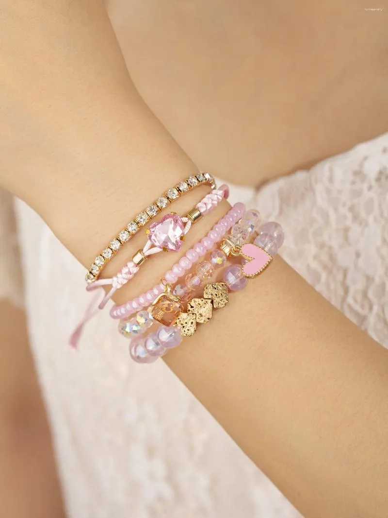 Bracelets en verre violet / verre rose à 4 pièces et bracelets de chaîne de strass de perles en cristal