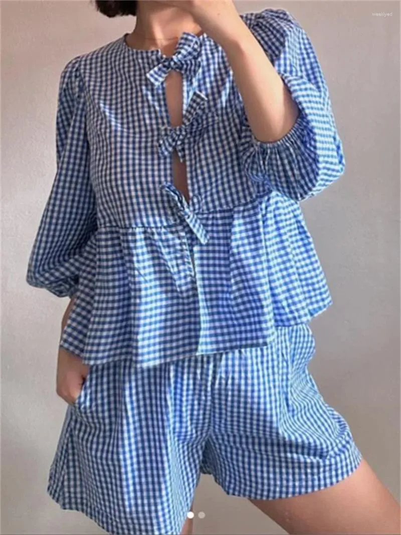 Damen-Trailsanzuiten elegante Plaid-Print Kurzhau-Anzug Y2K Frauen Schnürschuhe Puffärmel Rüschen Top 2 Stück Sets weiblicher Freizeit Urlaub