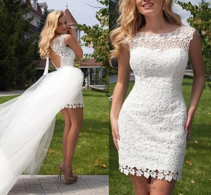 Vestidos de novia de vaina corta Imagen de encaje sin espalda con tren desmontable Legnth Beach Vestidos de boda nupciales Capa de encaje Flexibl1039802