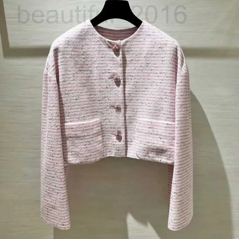 Women's Jackets designer Correct Edition~24C Spring/Summer New Series Striped Round Neck Short Pink Woolen Coat 9806# N1HY