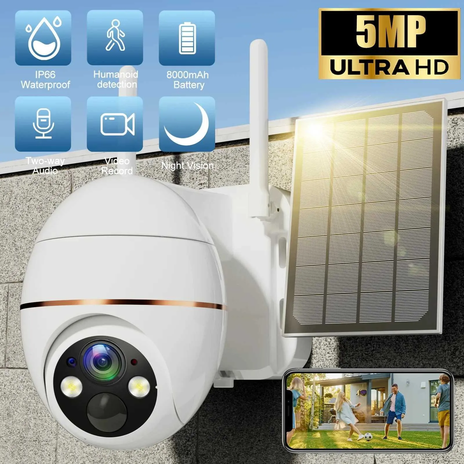 IP -camera's 5MP Solar WiFi Camera 8000mAh Batterij PTZ Surveillance IP -camera's Wireless Pir Human Tracking CCTV HD Outdoor Outdoor Waterdicht 5x Zoom 240413