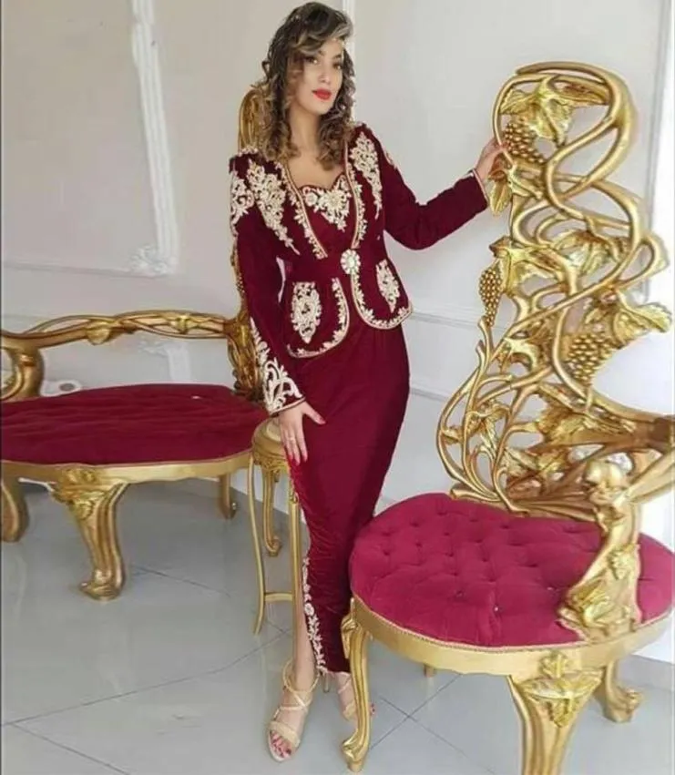 Karakou Algerien Bourgogne aftonklänningar med peplum 2021 Långärmad guld Applique Sexig slits AnkleLength -tillfälle Prom Gown4276669
