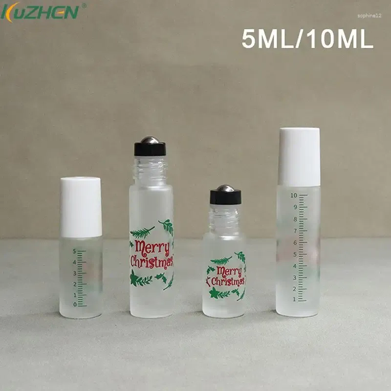 Storage Bottles 1Pc 5ml 10ml Christmas Theme Thick Glass Roller Bottle Sample Test Essential Oil Vials With Metal Balls Perfume