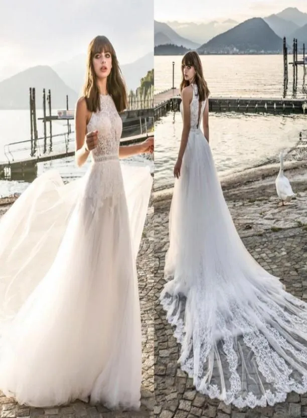 Bohemia A Line Wedding Dresses Sexy Beach Jewel Neck Simple Wedding Dress Lace Applique Sweep Train Country Bridal Gowns Vestidos 1564685