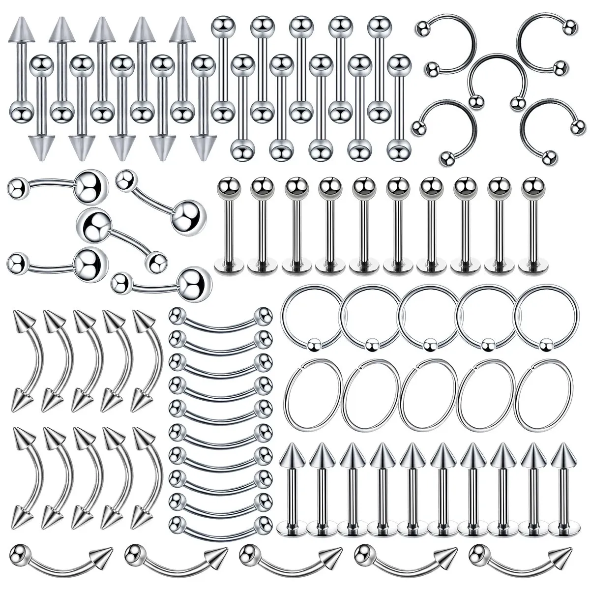 85PCS Steel Body Piercing Jewelry Lot Bulk Nose Ring Tongue Bar Eyebrow Labret Set Horseshoe Pack 240409