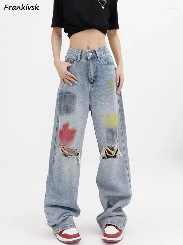 Jeans pour femmes femmes harajuku style européen streetwear streetwear peinture d'été éclaboussure tout-correspondant lavage large de pantalon denim de jambe