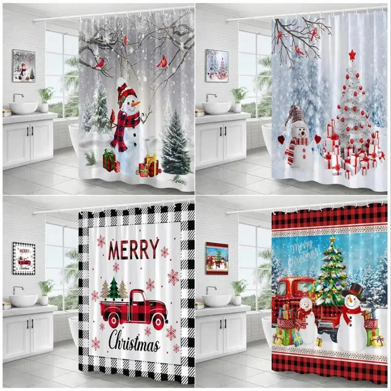 Cortinas de chuveiro Winter Christmas Funny Snowman Red Truck Ares