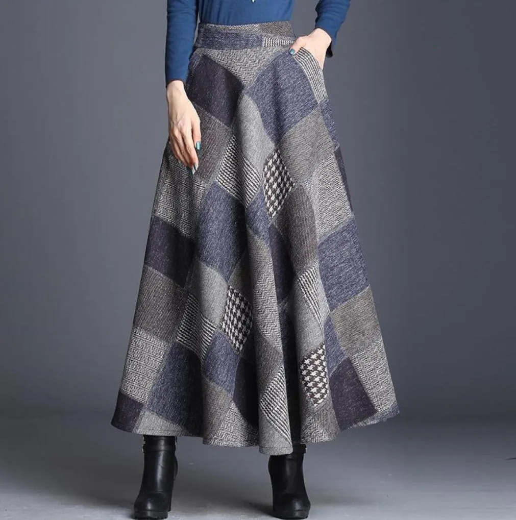 Mom Plus Size Elegant Plaid skirt Women Elastic Waist Long Woolen Maxi Skirt Female A-Line Warm Autumn Winter Umbrea1488660