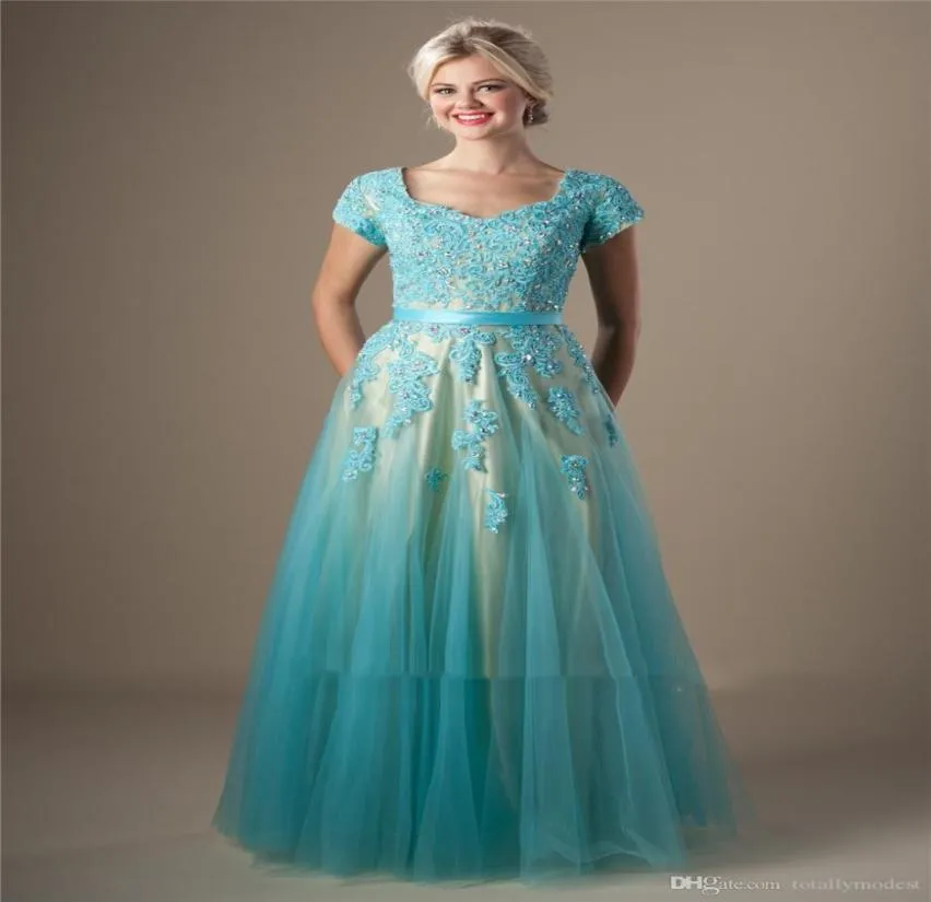 Tulle in pizzo in rilievo menta abiti da ballo modesti lunghi con maniche con berretto Appliques abiti da sera eleganti per adolescenti