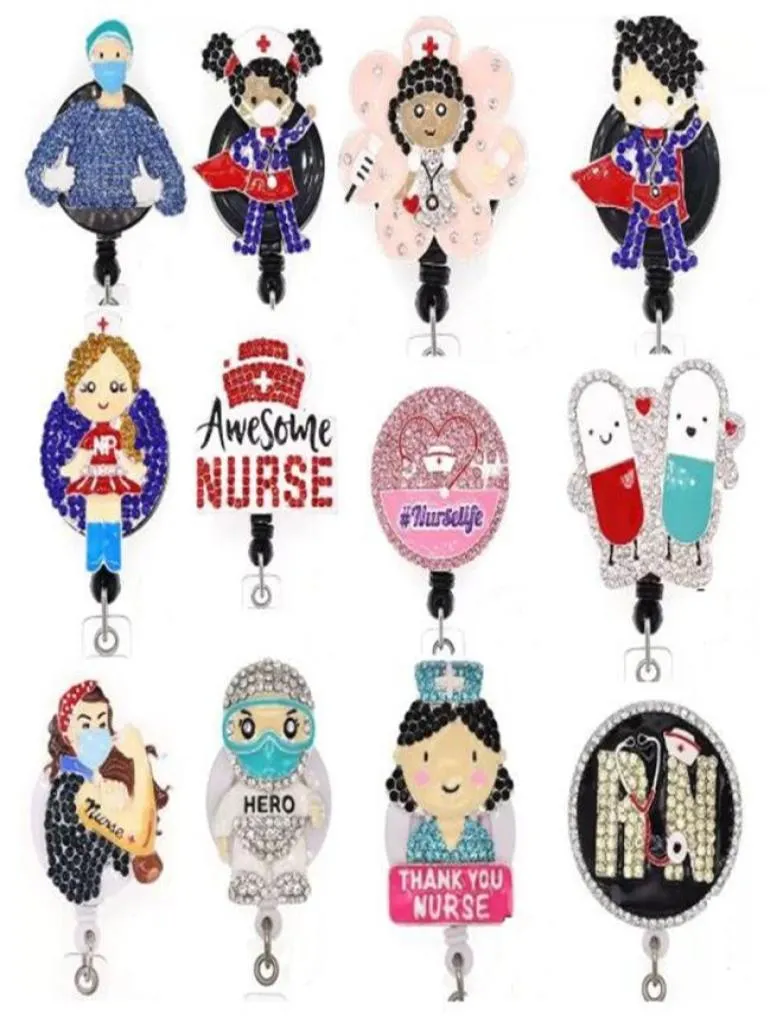 Aangepaste sleutelringen Medische intrekbare Rhinestone Nurse Badge Clip ID -houder voor naamkaartaccessoires9857117